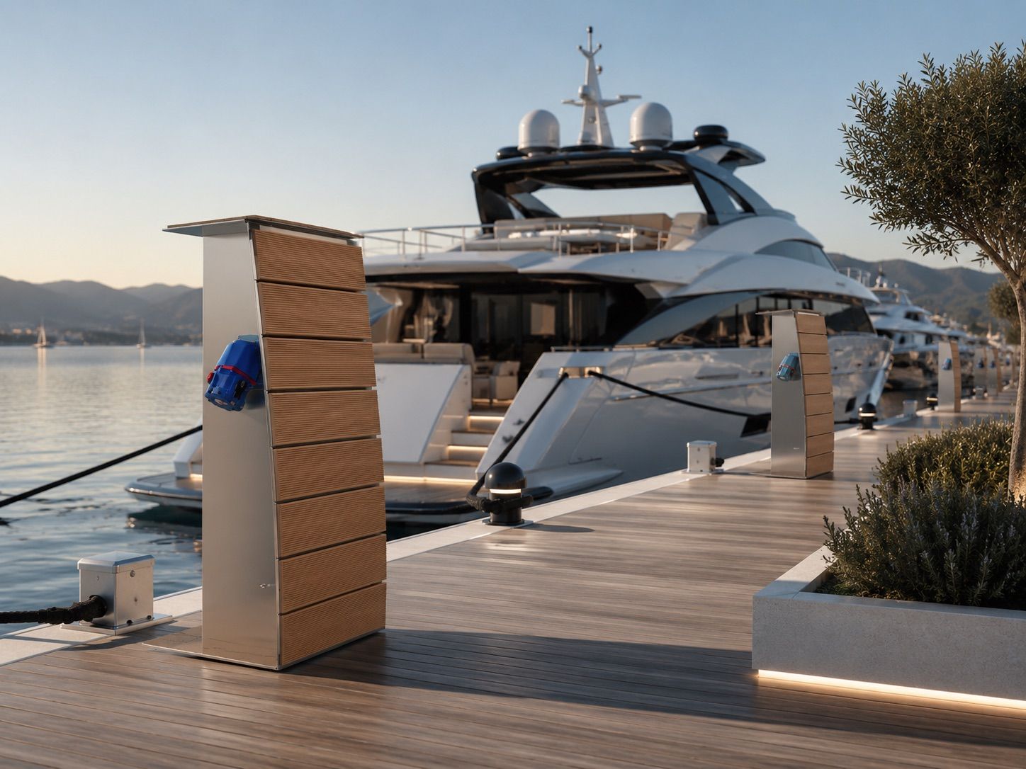 A Leonardo Pedestal multi-service unit on a dock next to a superyacht