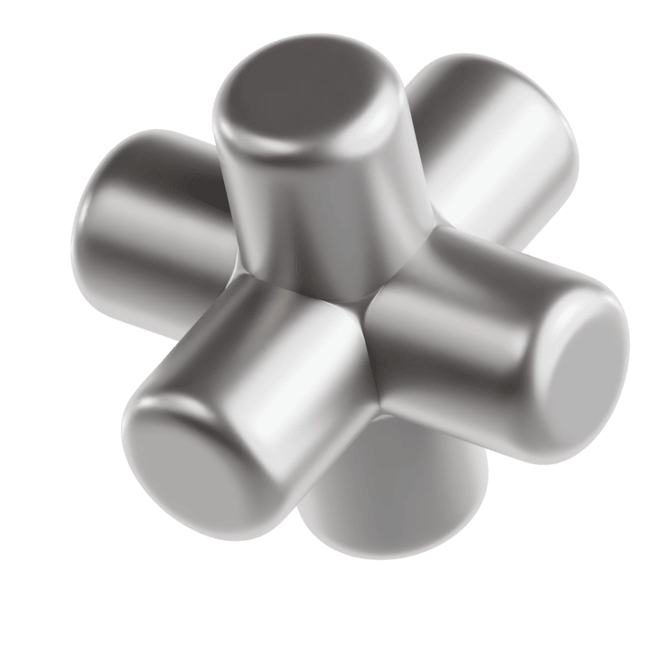 Struttura 3D metallica con finitura argentata e superficie liscia, composta da sei cilindri arrotondati che si intersecano in un punto centrale. Il design futuristico e geometrico richiama concetti di ingegneria, innovazione e modularità nel design industriale