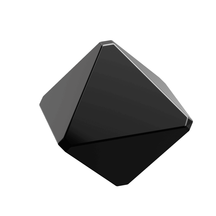 Solido geometrico 3D nero con superficie sfaccettata e riflettente, simile a un diamante o un poliedro futuristico. Il design minimalista ed elegante evoca concetti di precisione, innovazione e struttura nel campo del design digitale