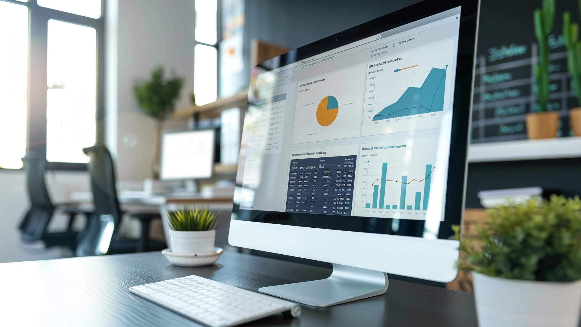 L'immagine mostra un computer desktop con schermo acceso, visualizzando grafici e dati analitici. Sullo schermo sono visibili un grafico a torta e vari grafici a barre e linee, suggerendo un'analisi di dati finanziari o di performance. In primo piano, c'è una tastiera bianca e una piccola pianta in vaso, mentre sullo sfondo si intravede un ufficio moderno e luminoso.